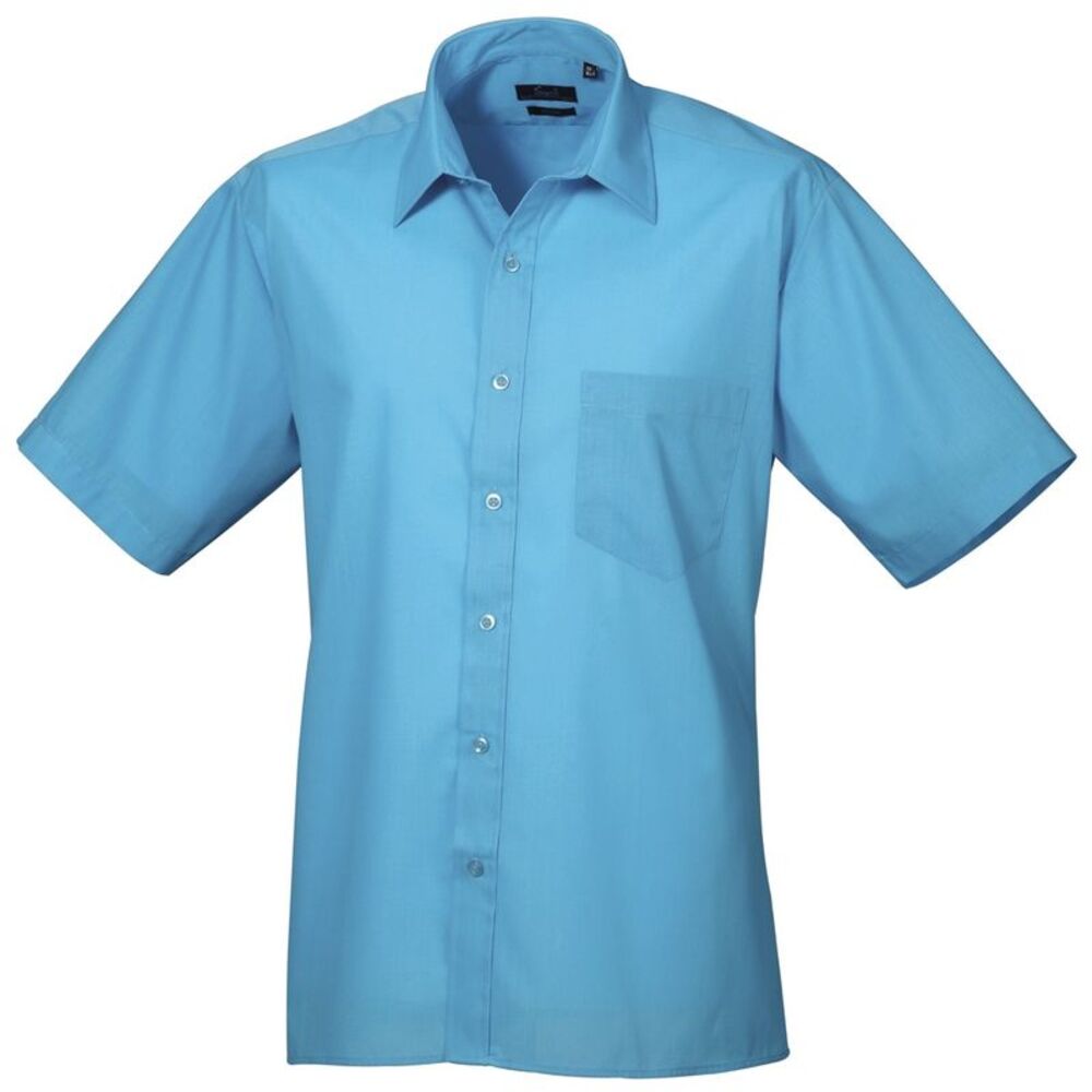 Premier Mens Short Sleeve Formal Poplin Plain Work Shirt / Turquoise